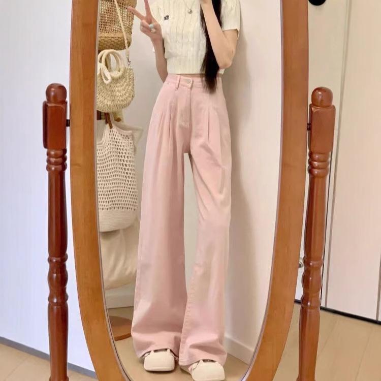 レディース 牛仔パンツ 直筒 夏用 高腰 ピンク 薄手 微弾力 褶? 切り替え ロング丈 ワイドレッグ ゆったりシルエット スレンダー効果 軽量 伸縮性 吸湿速乾 デニム素材 私服 普段使い 通勤対応 御姐スタイル