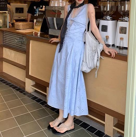 ワンピース 女性用 レース 切り替え ハイウエスト 長丈 無袖 ミストブルー 花柄 刺繍風 透け感 軽量 接触冷感 吸湿速乾 ブルー 夏 春夏 日韓風 カジュアル 普段使い ビッグシルエット Vネック アイボリー ピンク系 通勤 部屋着 アウトドア 伸縮｜イーマイショップ