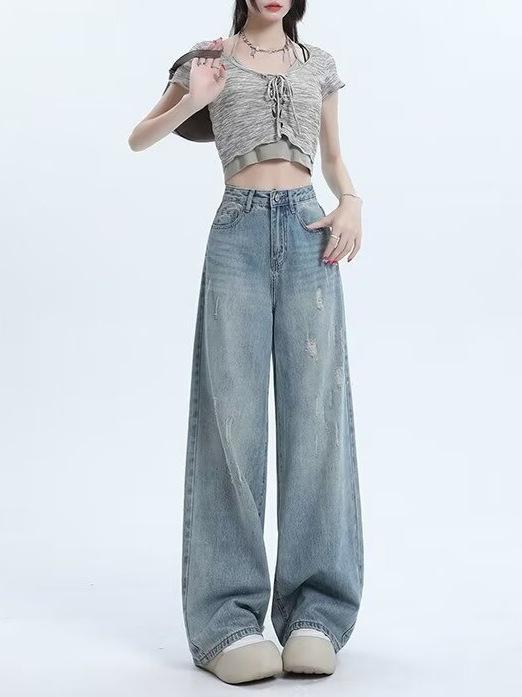 パンツ 女性用 秋 デニム ワイドレッグ ハイウエスト ゆったり ストレート ロング ブルー 薄手 無弾性 微喇 口袋 切り替え 手磨き加工 手洗い 引っかき傷 擦れ加工 デザイン 落ち感 軽量 普段使い カジュアル デイリー ルーズ フィット ロング丈