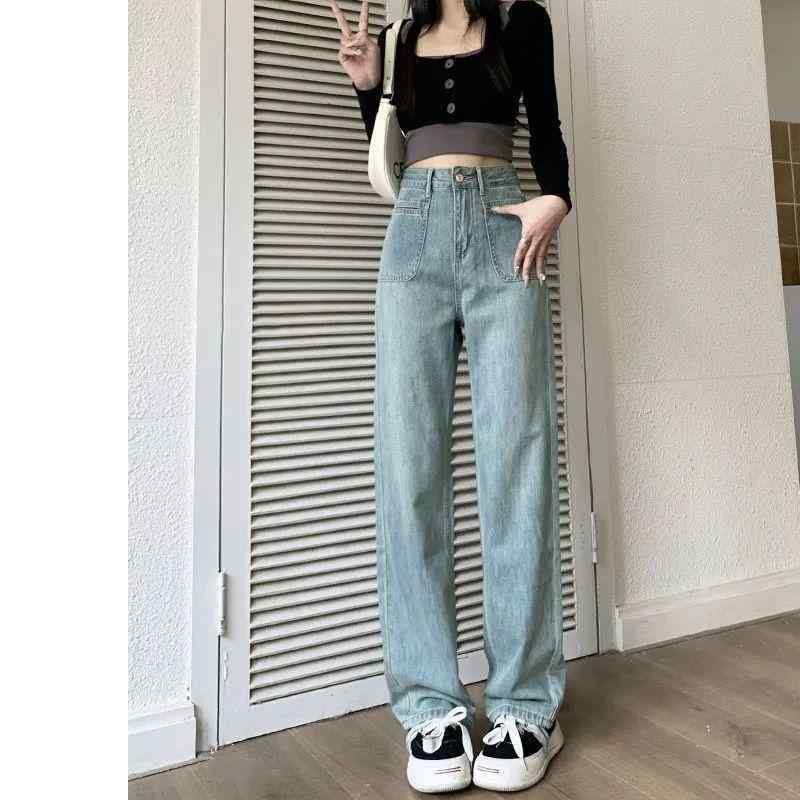 牛仔パンツ 女性用 春季 ハイウエスト ワイドレッグ ロング丈 ゆったりシルエット 深青 ヴィンテージブルー グレー デニム素材 ポリエステル混 ミディアム厚 ノンストレッチ 多ポケット 韓国風カジュアル 快適普段使い