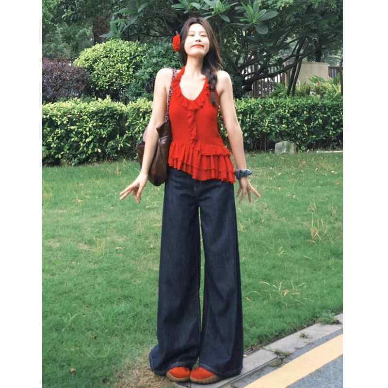 レディース デニムパンツ 秋冬 ワイドレッグ ハイウエスト 深紺 綿素材 ゆったりシルエット 直筒 ロング丈 通勤 普段使い 気質 スタイル ミッドウェイト 無弾性 ジッパー ボタン マルチポケット 快適 リラックス