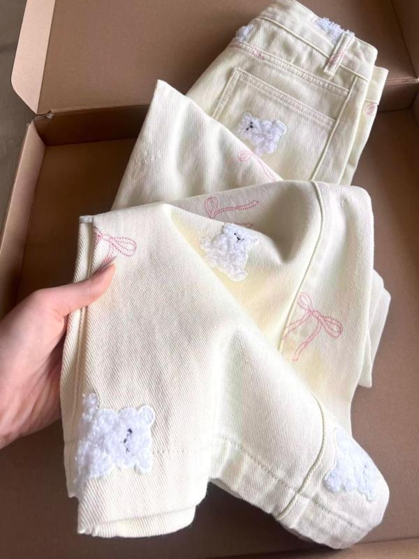 レディース デニムパンツ ミルクイエロー 春夏 ワイドレッグ 高腰 直筒 ミディアム厚 コットン 微弾力 免・聞加工 日韓カジュアル シンプルスタイル かわいいクマ刺繍 蝶結び ポケット ロング丈 普段使い 軽量 伸縮性 通勤 通学 切り替え 吸湿速乾 ミ