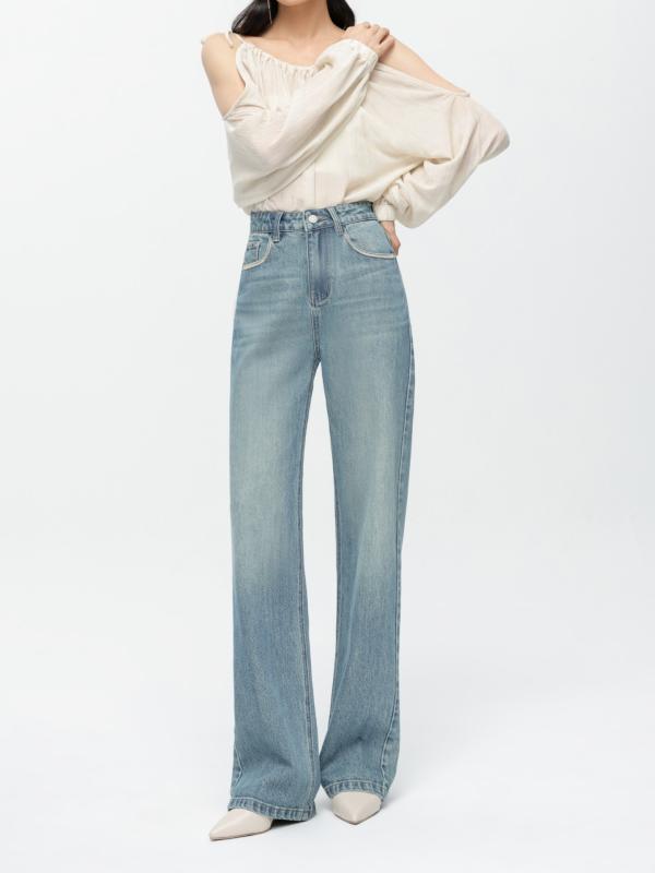 ワイドパンツ レディース 秋冬 デニム 高腰 ゆったりシルエット 垂れ感 スリム効果 ロング丈 ワイドレッグ 都市通勤 気品スタイル ??素材 ミックス厚み ジッパー ボタン 金属加工 水洗加工 ヴィンテージブルー ストレッチ 履き心地抜群 秋冬コーデ