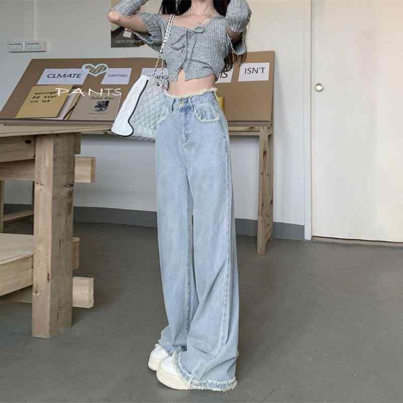 レディース 牛仔パンツ スカート 広腿 ロング丈 高腰 ミディアム厚 通勤スタイル 気質 綿素材 ボタン デザイン 復古ブルー ブラックグレー ライトブルー ホワイト ストレート レギュラーパンツ ルーズフィット フロア丈 スリム レッグ 伸長効果 フレ