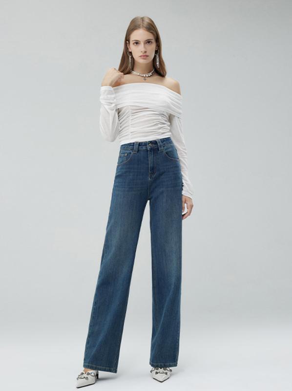 秋冬 女性用 牛仔パンツ 綿 ストレッチ 接触冷感 ハイウエスト ワイドレッグ ロング丈 軽量 通勤 普段使い 清新 かわいい スタイル ジップ ミディアム厚 洗い加工 金属加工 ライトブルー