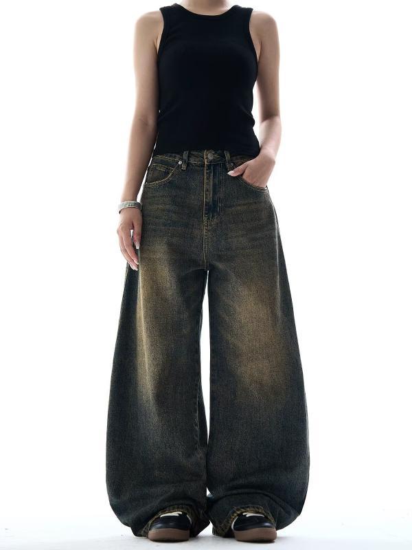 パンツ レディース ワイドパンツ コットン 綿素材 薄手 軽量 ゆったりシルエット ミッドライズ ストリートスタイル ヒップホップ風 快適カジュアル デイリーウェア ヴィンテージ加工 ウォッシュ加工 ロング丈 ゆったりフィット ストレッチなし ブラック