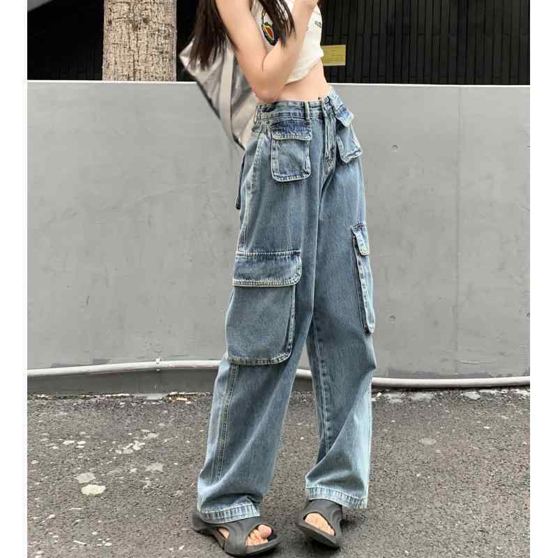 レディース デニムパンツ 女性用 工装風 牛仔布 ハイウエスト ワイドレッグ ストレート ポケット ゆったり ルーズフィット 長丈 ブルー ストリートスタイル ゴス風 ミッドウェイト 無伸縮 復古 アメリカンカジュアル 個性派 普段使い
