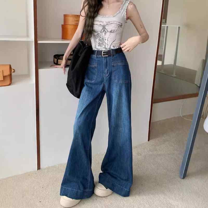 デニムパンツ 女性用 春秋 高腰 ワイドシルエット スリム効果 ロング丈 直筒型 ストリートスタイル 深ブルー 綿混 ポリエステル 切り替え ポケット ゆったり 普段使い 通勤 伸縮なし 中厚 欧米風 個性 トレンド