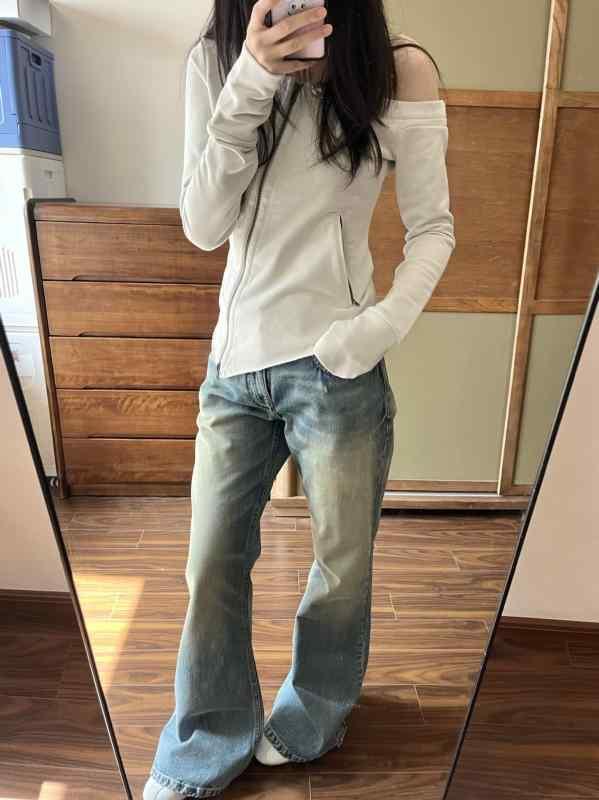 レディース 牛仔パンツ ミッドライズ フレア ロング丈 デニム 切り替え ヴィンテージ 洗い加工 スリム スタイル 泥ブルー 復古ブルー ライトブルー 薄手 無弾性 トレンド ストリート ファッション コットン ポリエステル 混紡 夏 シーズン 通勤 普