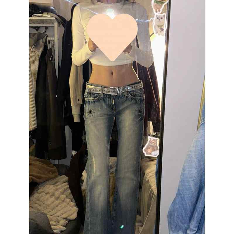 レディース デニムパンツ ヴィンテージ ウォッシュ加工 ローライズ フレア すっきりシルエット 破れ 裂け目 デザイン ロング丈 気質 通勤 ストレート 軽量 ストレッチ ライトブルー ブラック コットン 素材 カジュアル 普段使い