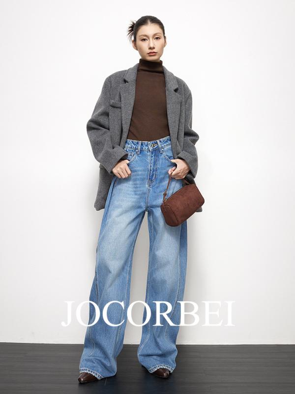 パンツ 女性用 ワイドレッグ デニムパンツ ハイウエスト 長丈 ゆったりシルエット 牛仔風 綿素材 中厚 洗い加工 気質 通勤用 普段使い 無弾性 ブルー 秋冬 スタイル