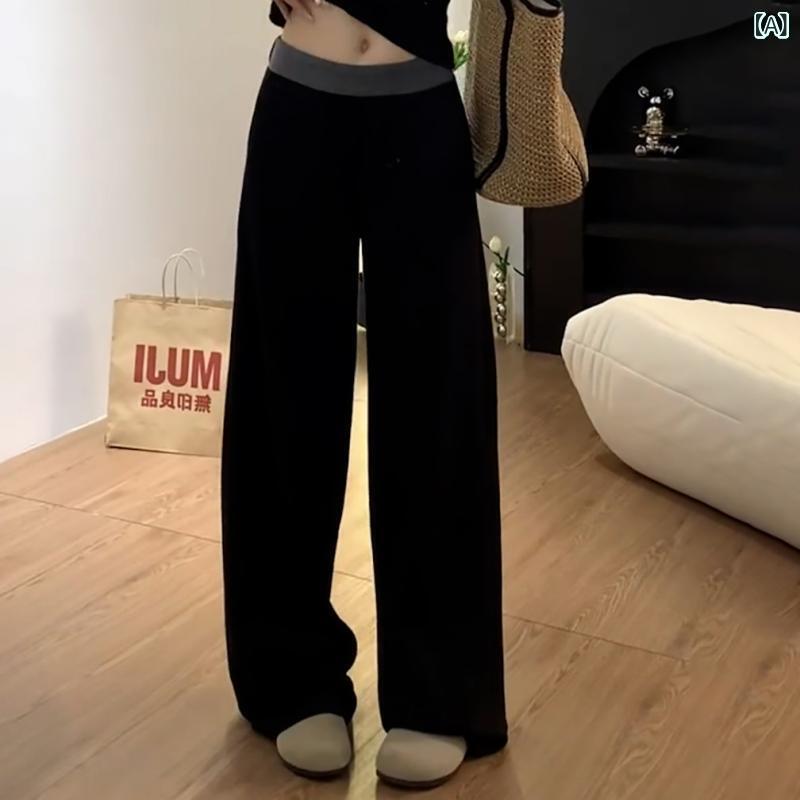 レディース ワイドパンツ 秋冬 コットン 高腰 直筒 切り替え コントラストカラー 気質 通勤 普段使い 軽量 微弾性 黒 ロング丈 ビッグシルエット すっきり スタイリッシュ 快適