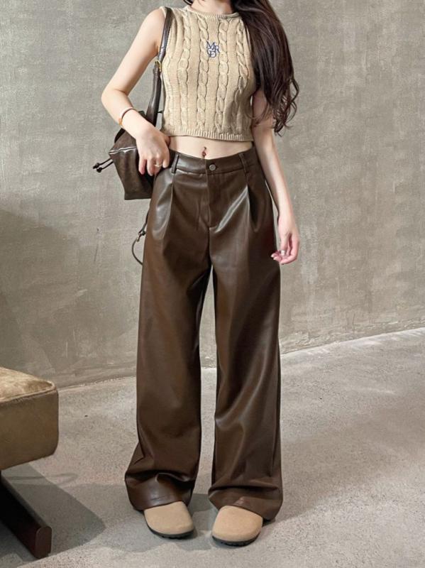 レディース ワイドパンツ 女性用 高腰 フレア プリーツ ロング丈 ゆったり 垂感 見え脚長 ブラウン ブラック ポリエステル 微弾性 直筒 ミッドウェイト 免燻 春季 韓国風 快適 カジュアル デイリー スタイル 軽やか シルエット