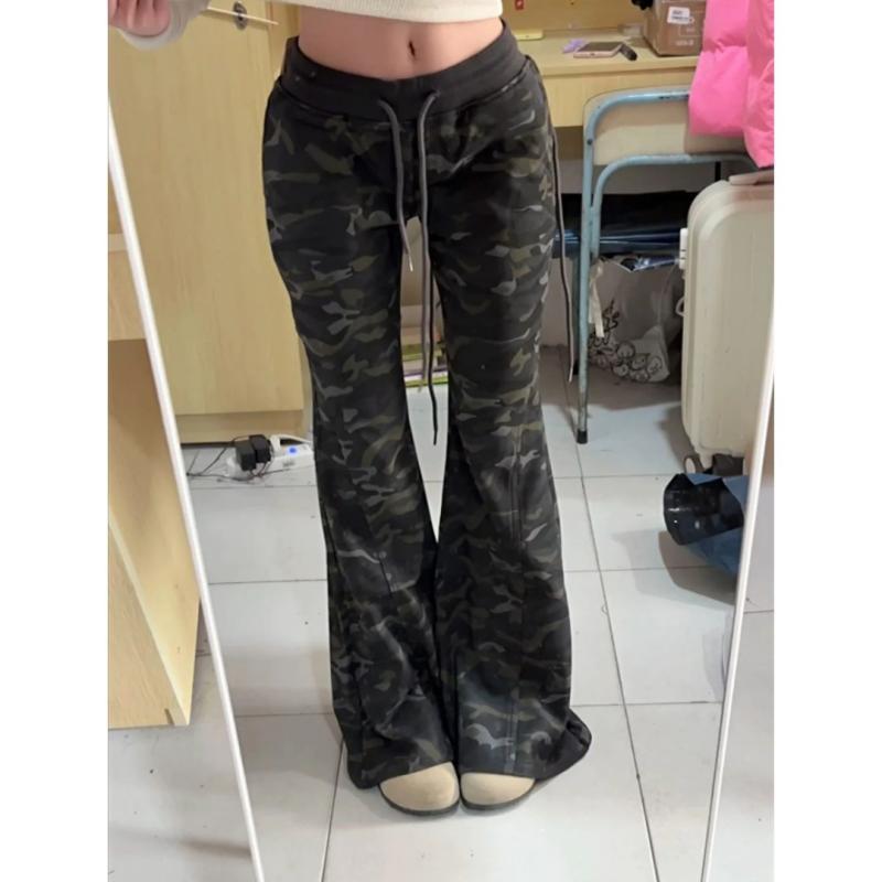 レディース 夏 迷彩 クロップドパンツ ワイドパンツ ストレートパンツ ハイウエスト 微喇 韓国風 綿ポリエステル 軽量 微弾力 迷彩柄 縛り紐 ゆったりシルエット 脚長効果 夏用 涼感 日常使い カジュアル ロング丈 迷彩カラー ラフスタイル 通勤対応