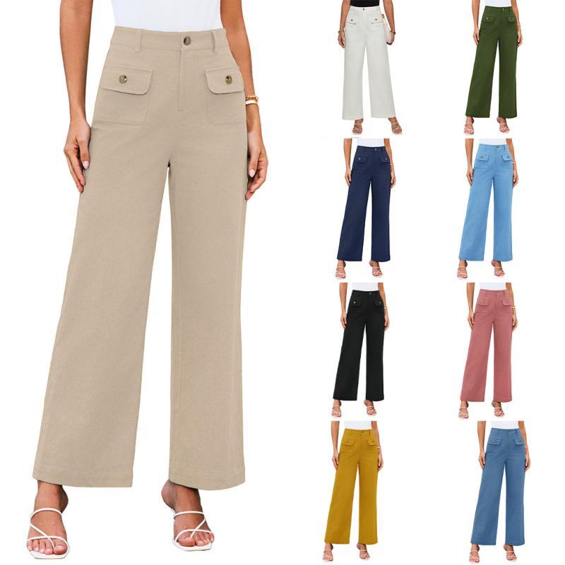 レディース ワイドレッグパンツ ハイウエスト ロング丈 弾力性 ポリエステル ストレッチ ビジネス スーツ 通勤 普段使い カジュアル ポケット 付き 直筒 切り替え デザイン 米白色 桃色 ホワイト ブラック ネイビー イエロー ミリタリーグリーン ラ