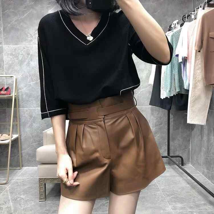 レディース ショートパンツ 羊皮 レザー ショーツ 女性用 ハイウエスト ワイドレッグ かっち色 ブラック 気質 通勤 普段使い 秋 秋冬 軽量 伸縮性 切り替え デザイン トップス 合わせ 可能 素材