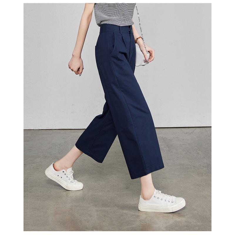 レディース ワイドパンツ 九分丈 高腰 ストレート 切り替え ポケット 付き ポリエステル 混紡 中厚手 都市 通勤 普段使い 気質 優雅 カジュアル スタイル ネイビー アイボリー 軽量 伸縮性 吸湿速乾 夏 春夏