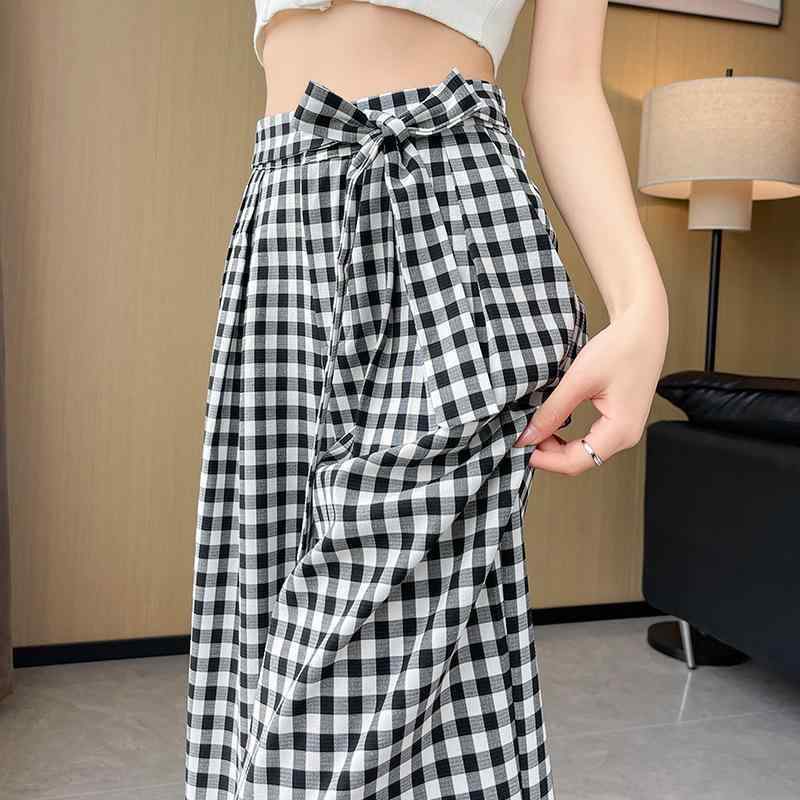 レディース ワイドパンツ 黒白格子 春夏 高腰 ゆったり スリム 垂感 ストレート 長ズボン 再生繊維 微弾性 薄手 快適 軽量 免?加工 私服 御姐スタイル 普段使い 伸縮性