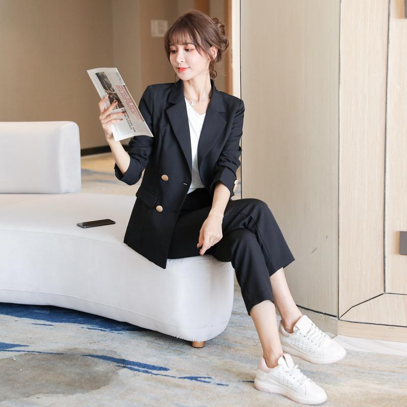 レディース スーツ セット 長袖 ブラウス ロングパンツ 袖口フレア デザイン 修身 フィット ブラック 浅ブルー ピンク ベージュ グレー ポリエステル 素材 花柄 プリント 気質 通勤 スタイル 優雅 秋冬 ビジネス カジュアル セットアップ 軽量