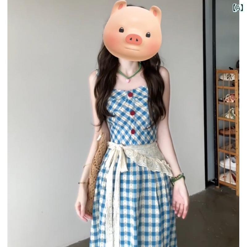 レディース 吊り紐 トップス スカート セット 夏 ブルー チェック柄 フレンチ ビンテージ スタイル 学院風 ウエストイン スリムフィット ロングスカート 気質 通勤 都市風 ポリエステル 素材 ノーアイロン 加工 ゆったり シルエット かわいい コー