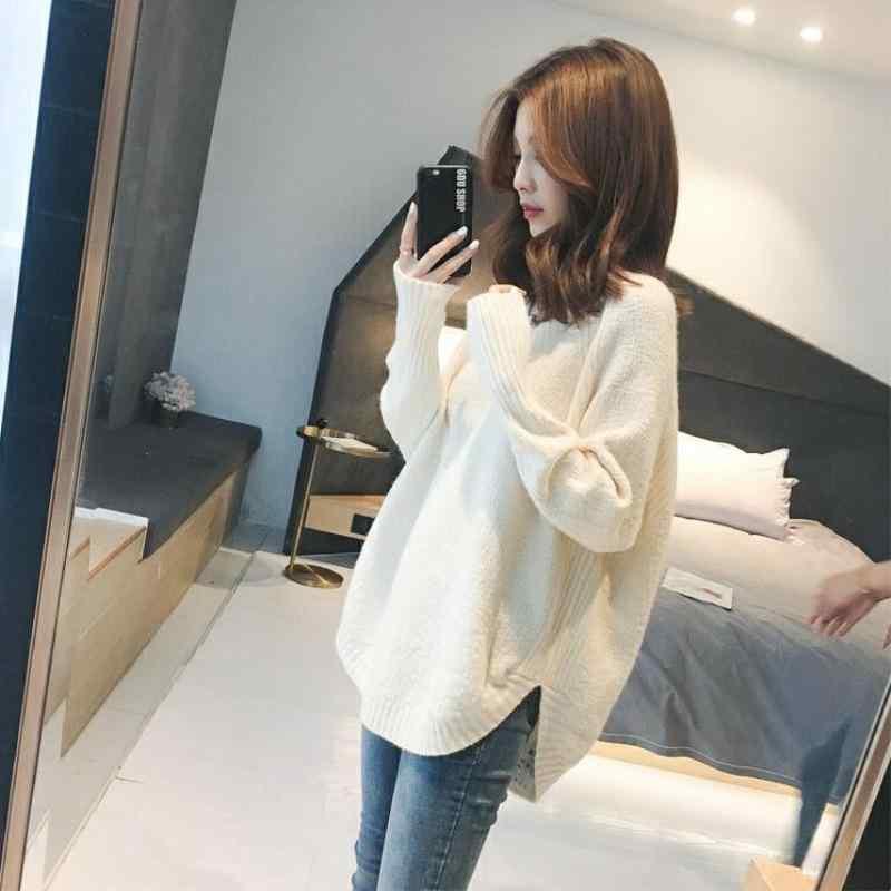 セーター 女性用 秋冬 ニット トップス ゆったり レイヤード かわいい 切り替え Vネック 長袖 中長丈 粘繊 アクセレート 純色 ホワイト カーキ ピンク グレー ブラック セットアップ 甘め フレッシュ スタイル