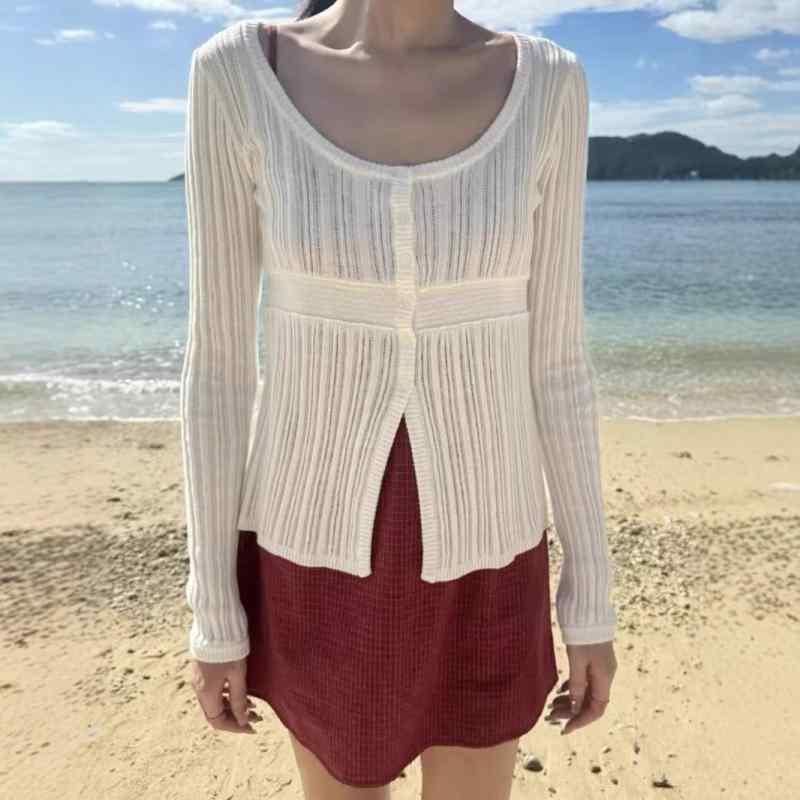 カーディガン 女性用 長袖 丸首 シングルブレスト ニット コットン 素材 収腰 スリム トップス かわいい 少女風 清新 春夏 白 グレー 軽量 通勤 普段使い 部屋着
