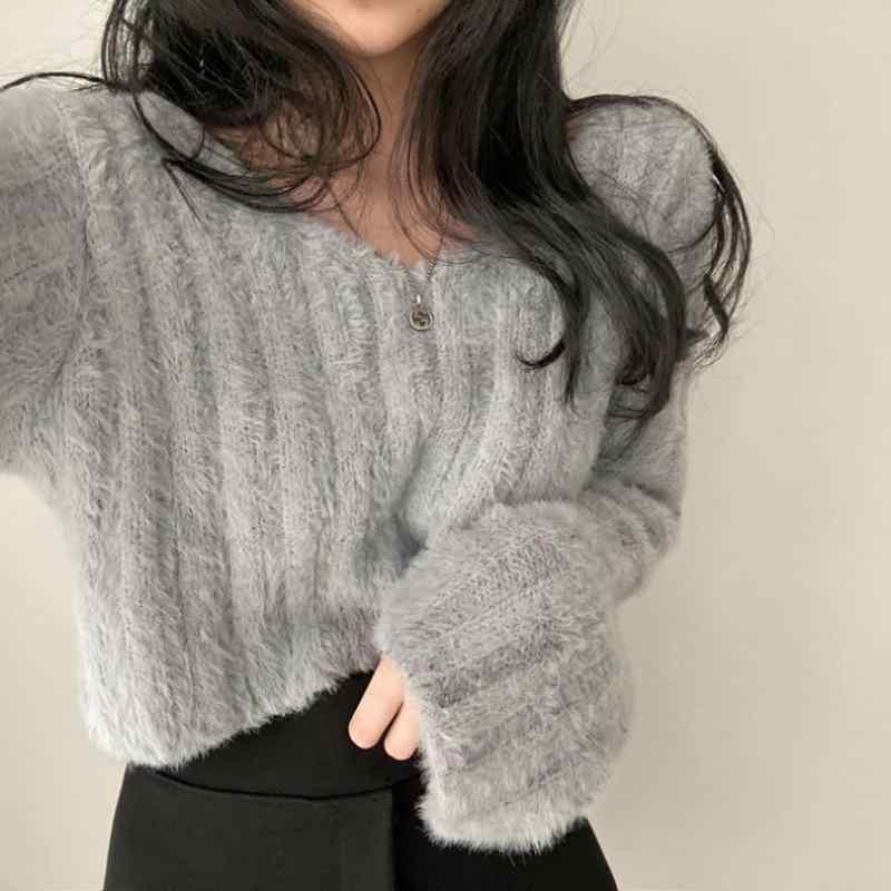 ニット セーター 女性用 セットインスリーブ 秋冬 長袖 Vネック トップス ゆったりシルエット 短丈 綿混紡 ポリエステル 混紡素材 気質 通勤スタイル 都市 カジュアル ホワイト グレー ブラック ピンク 軽量 柔らかい 吸湿性 通年対応