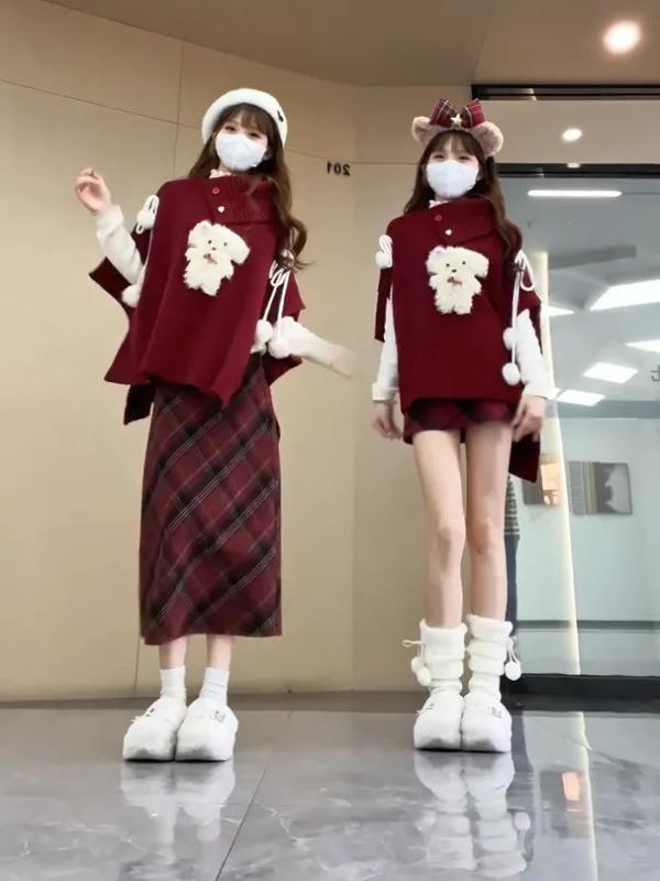 レディース セットアップ ニットカーディガン ハイネック かわいいモチーフ 雪ニール混 伸縮性 切り替え プリント ロングスカート ミディスカート 格子柄 赤 黒 春 私服 御姐スタイル ゆったりシルエット 軽量 吸湿速乾 普段使い 通勤 カジュアル