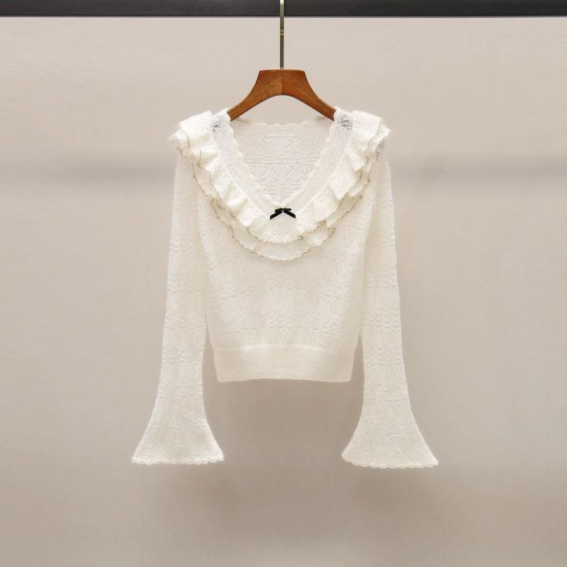 ニット トップス 女性用 秋冬 白色 長袖 フリル 襟 レース 刺繍 デザイン 軽量 伸縮性 吸湿速乾 清新 かわいい スタイル セットアップ 単品 普段使い 通勤 部屋着 カジュアル 7,524円