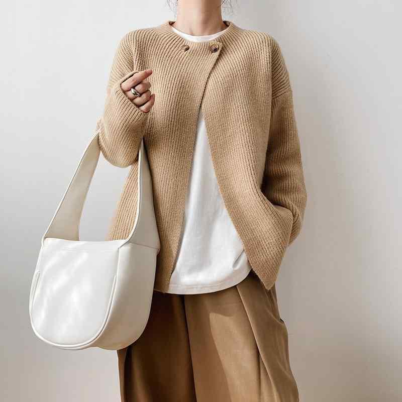 カーディガン 女性用 春夏 長袖 ラウンドネック ボタン ニット トップス 開き ゆったりシルエット シンプル 日常使い 快適 接触冷感 ポリエステル 混紡 単色 ミドルゲージ 普通丈 セットアップ フリーサイズ ベージュ ブラウン アイボリー カジュア