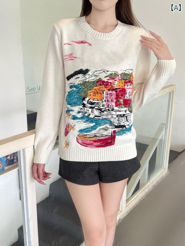ニットセーター 女性用 長袖 丸首 刺繍 切り替え 羊毛 カシミヤ 混紡 ゆったりシルエット 普通丈 白色 宝藍色 少女風 爽やか 甘め 秋冬 暖かみ 通勤 普段使い