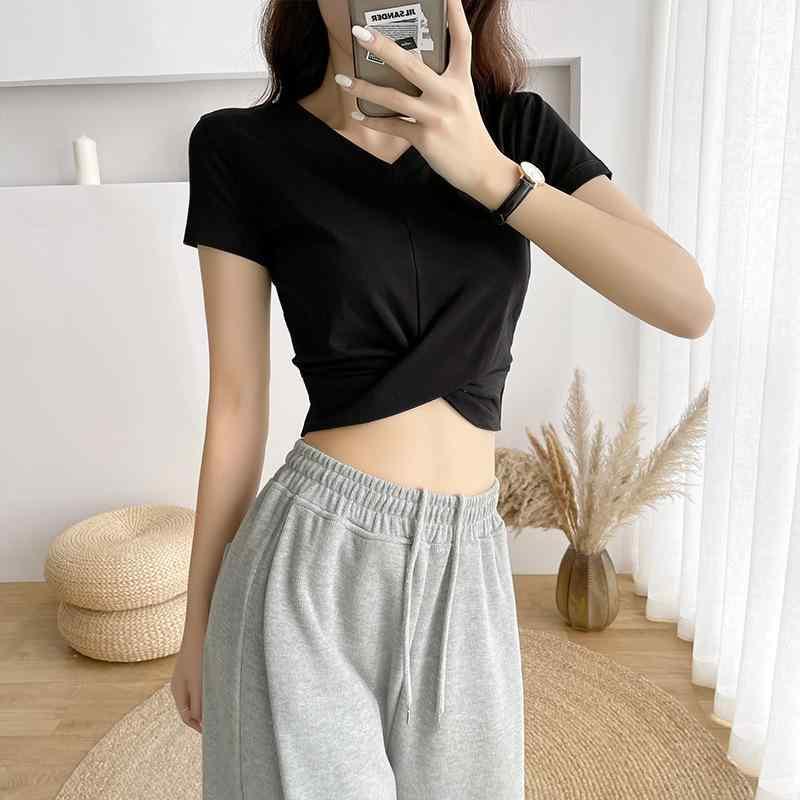 Tシャツ 女性用 ブラック Vネック クロスデザイン クロップド 短袖 修身 コットン 素材 接触冷感 吸湿速乾 軽量 通勤 普段使い 都市風 気質 カジュアル トップス ブラウス 春夏 秋 ウィンター ビッグシルエット ハイウエスト 切り替え デザイン
