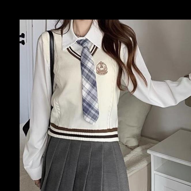 レディース 秋 学院風 JK制服 セットアップ トップス 長袖 シャツ ニット ベスト ブラウン チェック パターン ネクタイ ブラウン系 百褶 スカート ミモレ丈 ポリエステル 素材 清新 甘め スタイル 普段使い 軽量 伸縮性 コーディネート