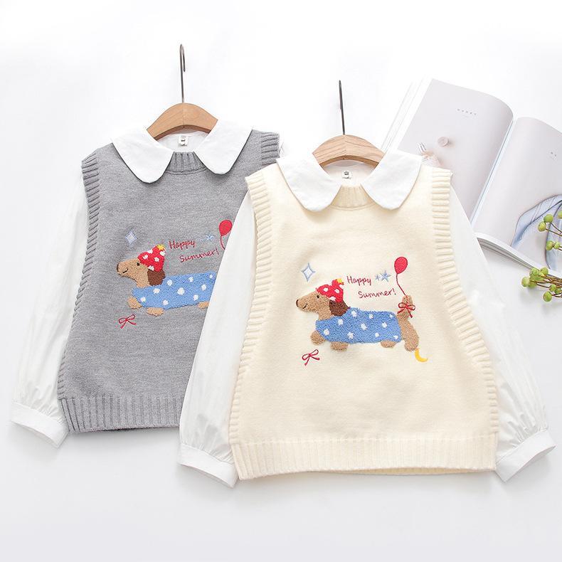 レディース ニット 刺繍 馬甲 背心 シャツ セット かわいい 犬 プリント 切り替え デザイン 綿混 ポリエステル 生地 米白 グレー ブラック レッド カラー 長袖 ドルマンスリーブ 甘め スタイル 学院風 コーディネート 春夏 レイヤード トップス