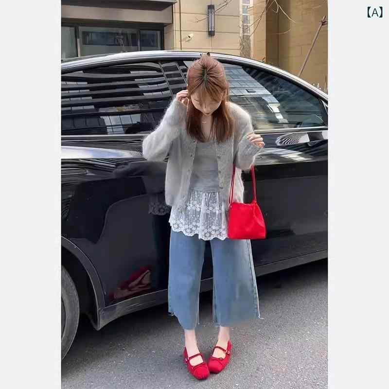 レディース 春 気質 通勤 セットアップ 吊り帯ニット カーディガン デニム ワイドパンツ 3点セット 純色 長袖 長ズボン ポリエステル 素材 ミックス 加工 ファッション トレンド ライトグレー ベージュ ホワイト レース デザイン スタイリッシュ