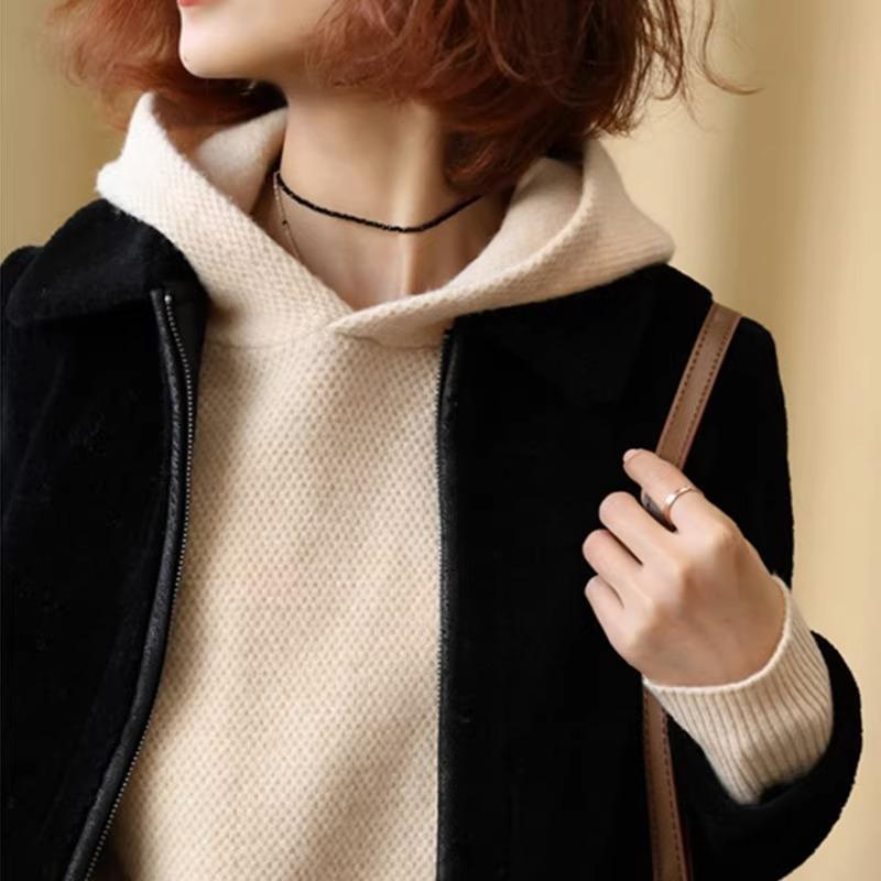 ニット トップス 女性用 秋冬 羊毛 接触冷感 ニット ロングスリーブ フード付き ルーズフィット セットインスリーブ ミディアムレングス ベーシック トップス 通勤 普段使い かわいい 気質 ブラック ホワイト ピンク アイボリー ベージュ