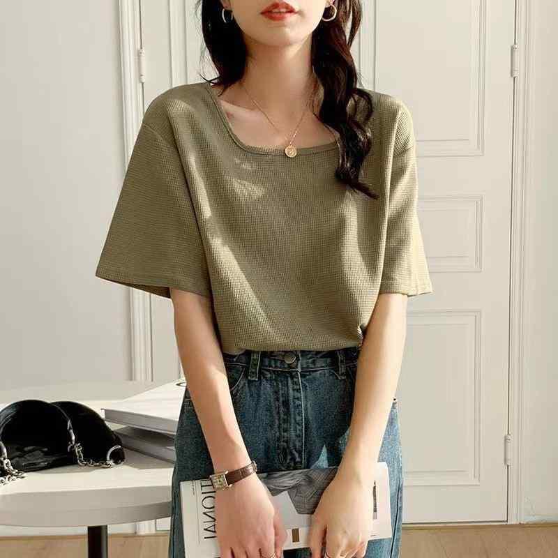 Tシャツ 女性用 春夏 短袖 スクエアネック ワッフル柄 ゆったり スリムライン 通勤 普段使い ブラック 抹茶緑 ホワイト 切り替え 接触冷感 吸湿速乾 軽量 伸縮性 再生繊維 ビッグシルエット トップス 上衣