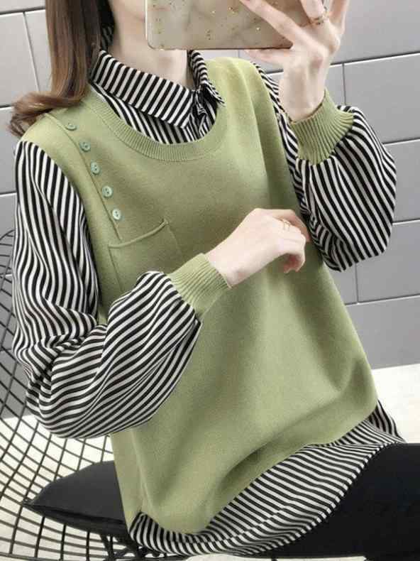 秋冬 女性用 トップス シャツ ニット セーター 偽ツーピース 無袖 長袖 方領 切り替え 条紋柄 包芯紡績 PVC素材 ゆったりシルエット セットインスリーブ 普通丈 セットイン ホワイト イエロー レッド グリーン ブラック 均一サイズ 日韓カジュア