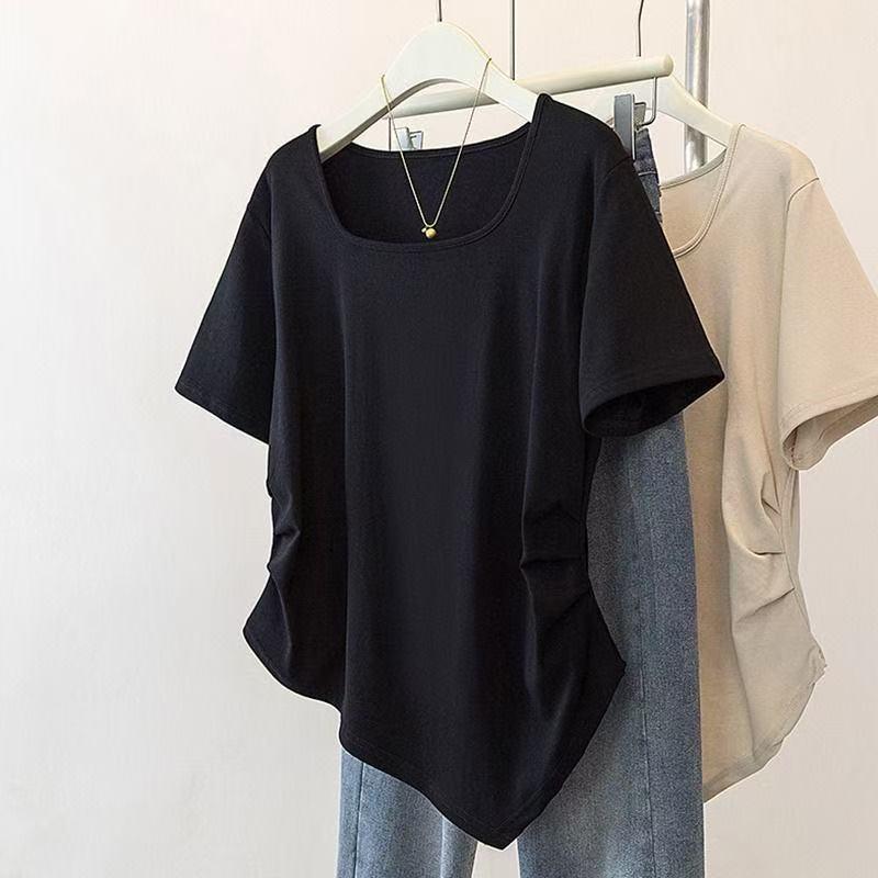 Tシャツ 女性用 ゆったり 夏用 短袖 コットン ポリエステル 混合 接触冷感 吸湿速乾 方領 セットインスリーブ 無地 シンプル かわいい ブラック ミルクティーベージュ ベリーサイズ 腹部カバー 体型カバー 日常使い ルームウェア 軽量 通勤 外出