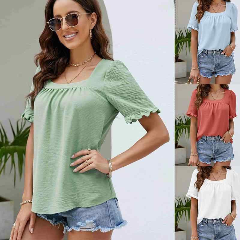 Tシャツ 女性用 春夏 短袖 トップス かわいい 甘め 清新 方領 フリル 木耳辺 切り替え デザイン ゆったり シルエット 普通丈 プルオーバー スタイル ポリエステル 素材 条紋 柄 緑 ブラック ホワイト コーラル ライトブルー 吸湿速乾 機能 軽