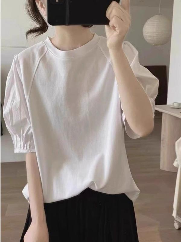 Tシャツ 女性用 夏 白色 ブラック 泡泡袖 短袖 トップス 切り替え デザイン 気質 通勤 スタイル 接触冷感 素材 吸湿速乾 機能 軽量 伸縮性 普通丈 ルーズフィット ラウンドネック 半袖 半袖シャツ プルオーバー カジュアル 普段使い ゆったりシ