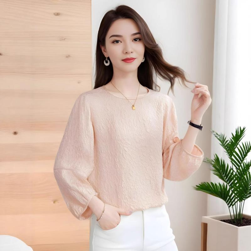 Tシャツ 女性用 春夏 接触冷感 桑蚕絲 トップス 切り替え 3D 立体 プリント デザイン ラウンドネック 泡泡袖 七分丈 袖 ピンク アイボリー ゴールド かわいい プリンセス スタイル 気質 優雅 爽やか 甘め ファッション ライトウェイト スタン｜イーマイショップ