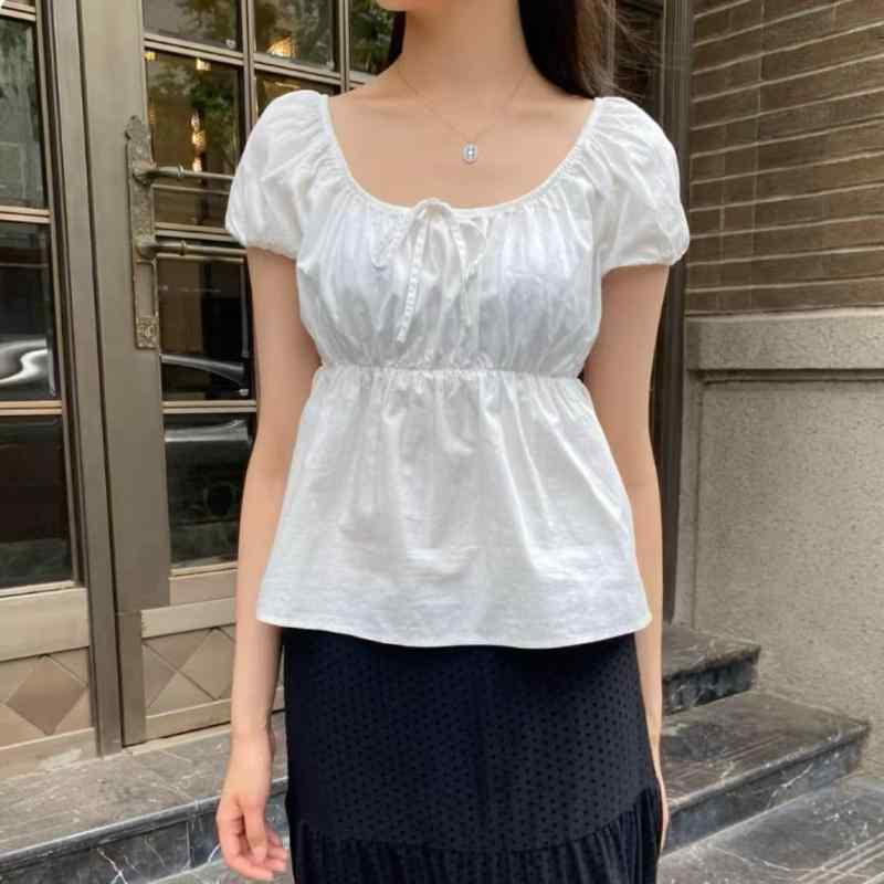 Tシャツ レディース 白色 ワンショルダー 泡泡袖 短袖 トップス 収腰 修身 ?・覧 上衣 綿素材 純色 セットイン 色織り かわいい 甘め 蝶結び アクセント 軽量 通勤 普段使い 春夏 接触冷感