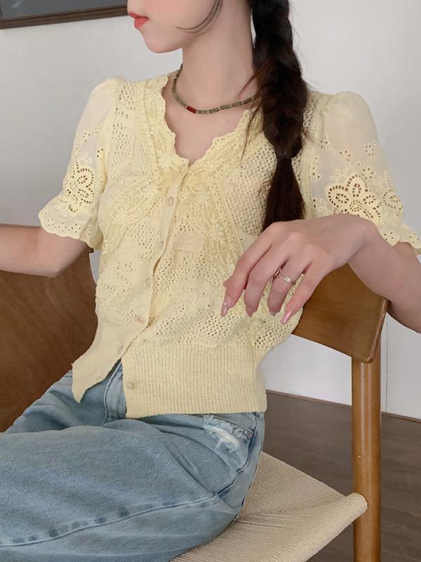 ニット トップス 女性用 春夏 黄色 Vネック 泡泡袖 短袖 短丈 切り替え レース 綿混 修身 吸湿速乾 軽量 日韓カジュアル 普段使い 通勤対応