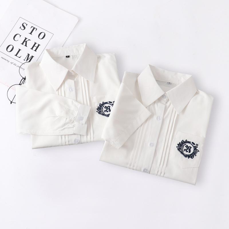 JK制服 シャツ 女性用 短袖 長袖 綿 格子柄 刺繍 開襟 直筒型 方領 単排ボタン 清楚かわいい 日系学園風 通学用 学生服 トップス ミルクホワイト 春夏 吸湿性 軽量 接触冷感 再生繊維 ビッグシルエット 普段使い カジュアルスタイル