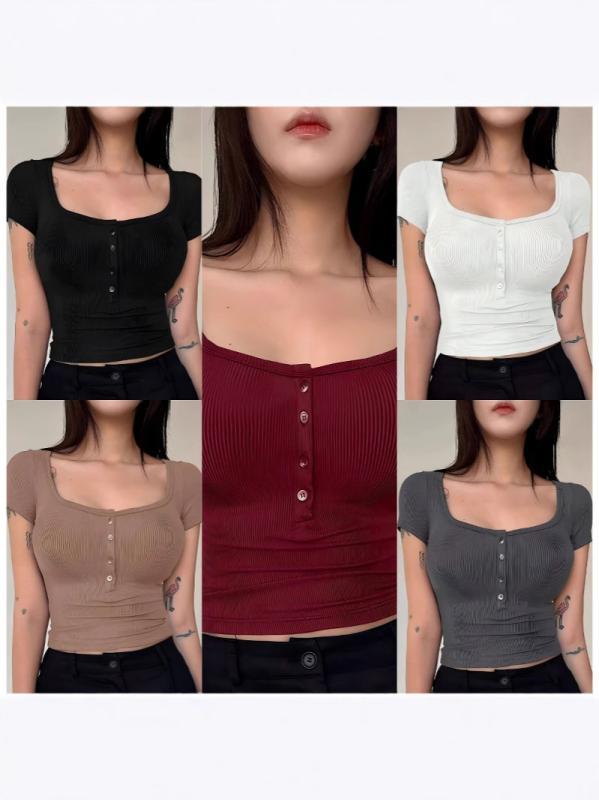 Tシャツ 女性用 修身 半襟 ボタン デザイン ニット トップス 短袖 ポリエステル 無地 方領 ピッティング加工 街頭スタイル 気質 優雅 ブラック ホワイト ワインレッド グレー キャメル 夏 接触冷感 軽量 伸縮性 通勤 普段使い