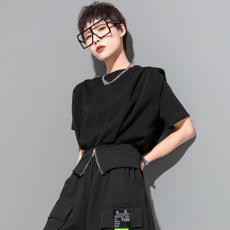 Tシャツ 女性用 短袖 黒 ラウンドネック 泡泡袖 ジッパー 切り替え 有機綿 収腰 短丈 偽ツーピース ストリートスタイル ダーク 個性 デザイン 軽量 通勤 普段使い 伸縮性 吸湿速乾 夏 春夏
