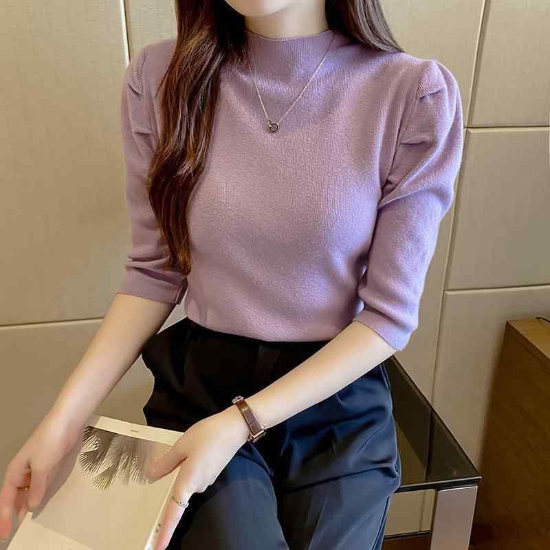 ニット トップス 女性用 半高領 泡泡袖 5分袖 修身 薄手 粘膠繊維 純色 通勤 普段使い 気質 知性 かわいい 清新 白色 杏色 ブラック ピンク オレンジ パープル ブルー 春季