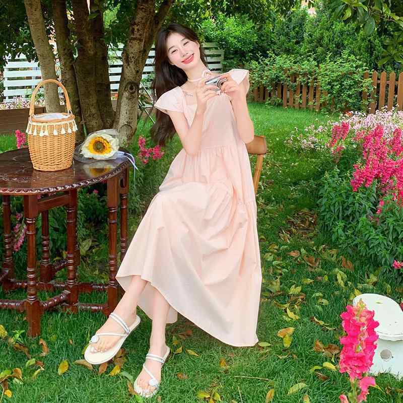 ワンピース 女性用 夏 春夏 ロング フレンチ かわいい Aライン スカート 飛袖 無袖 ハイウエスト ポケット 付き 接触冷感 ポリエステル ピンク ライトイエロー ブルー 森ガール スタイル 軽量 吸湿速乾 基本デザイン セットアップなし 方領 セッ
