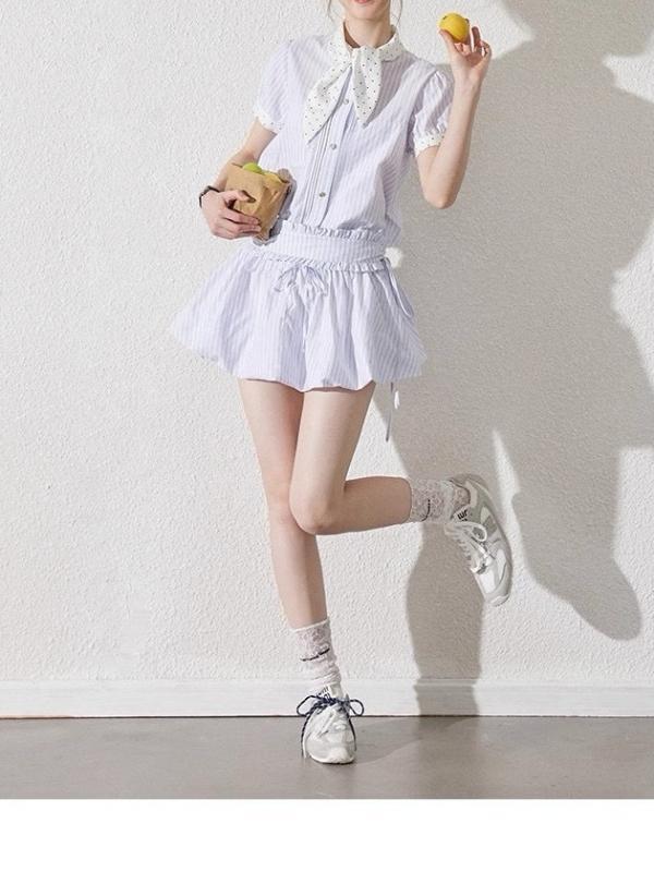 ワンピース 女性用 かわいい 夏 接触冷感 綿 素材 Aライン ハイウエスト 切り替え デザイン 偽ツーピース 短丈 スカート ラウンドネック 泡泡袖 短袖 ストライプ パターン 爽やか 甘め スタイル セットアップ